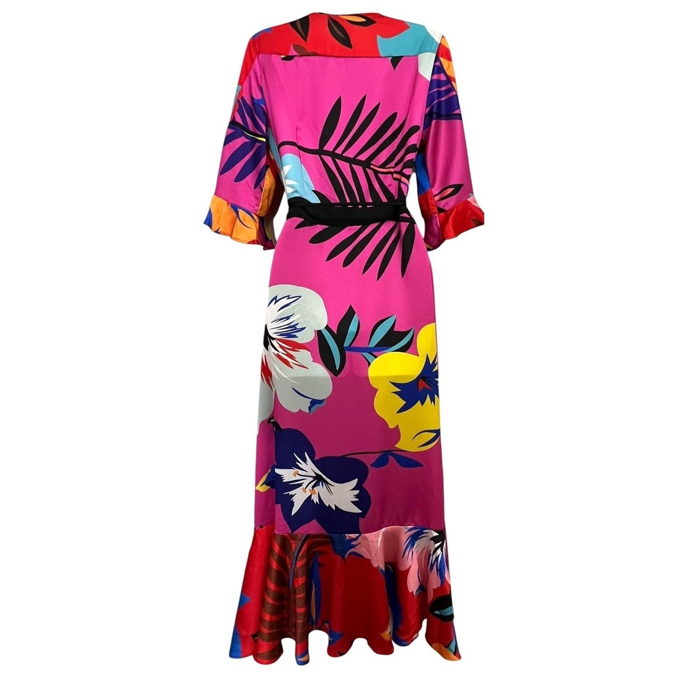 Liquorish Dress Womens‎ US 6 Red Multicolor Wrap Midi Ruffle Sleeves Tropical - Picture 13 of 13